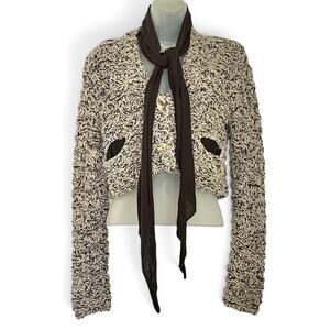 NWT Sarah Pacini Marled Avant Garde Open Knit Cropped Cardigan w/ Attached Scarf